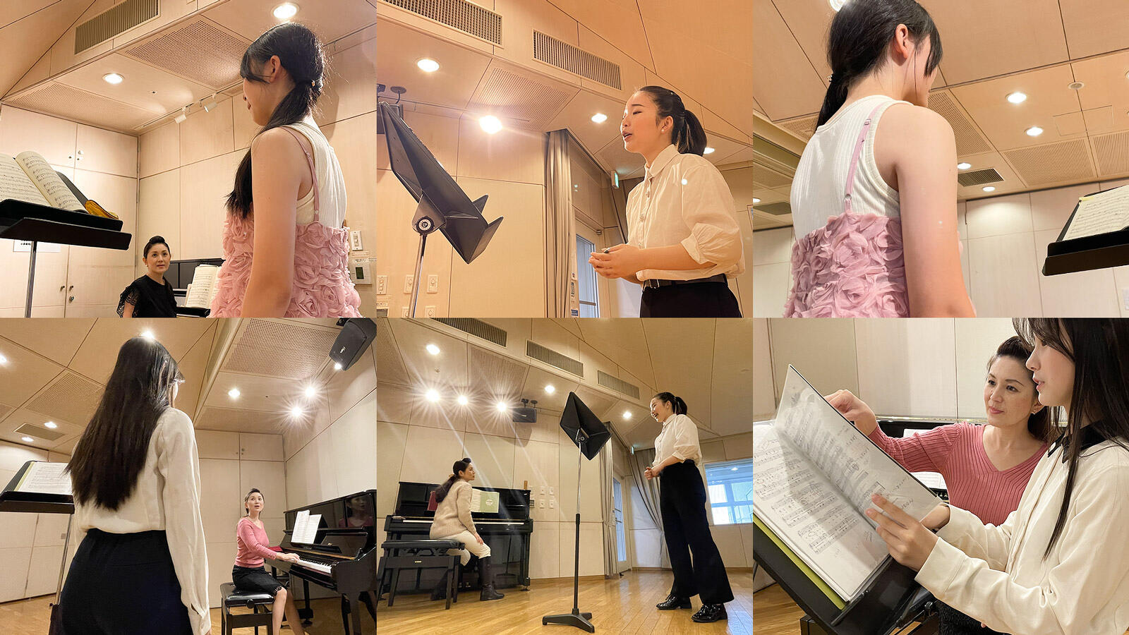 声楽コースのレッスン風景。楽譜を前に歌う生徒、講師のピアノに合わせて歌う生徒、講師と楽譜を確認する生徒などの画像